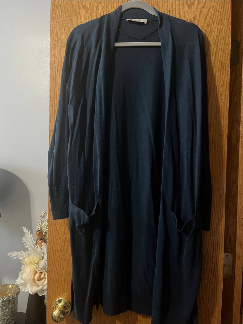 LOFT Dark Teal Open-Front Long Cardigan with Pockets